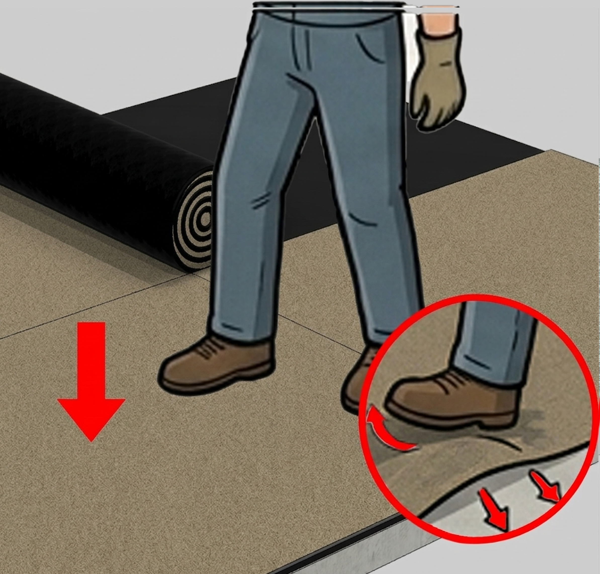 Press the installed membrane using foot pressure or a roller to ensure full contact with the substrate and to eliminate trapped air or bubbles.