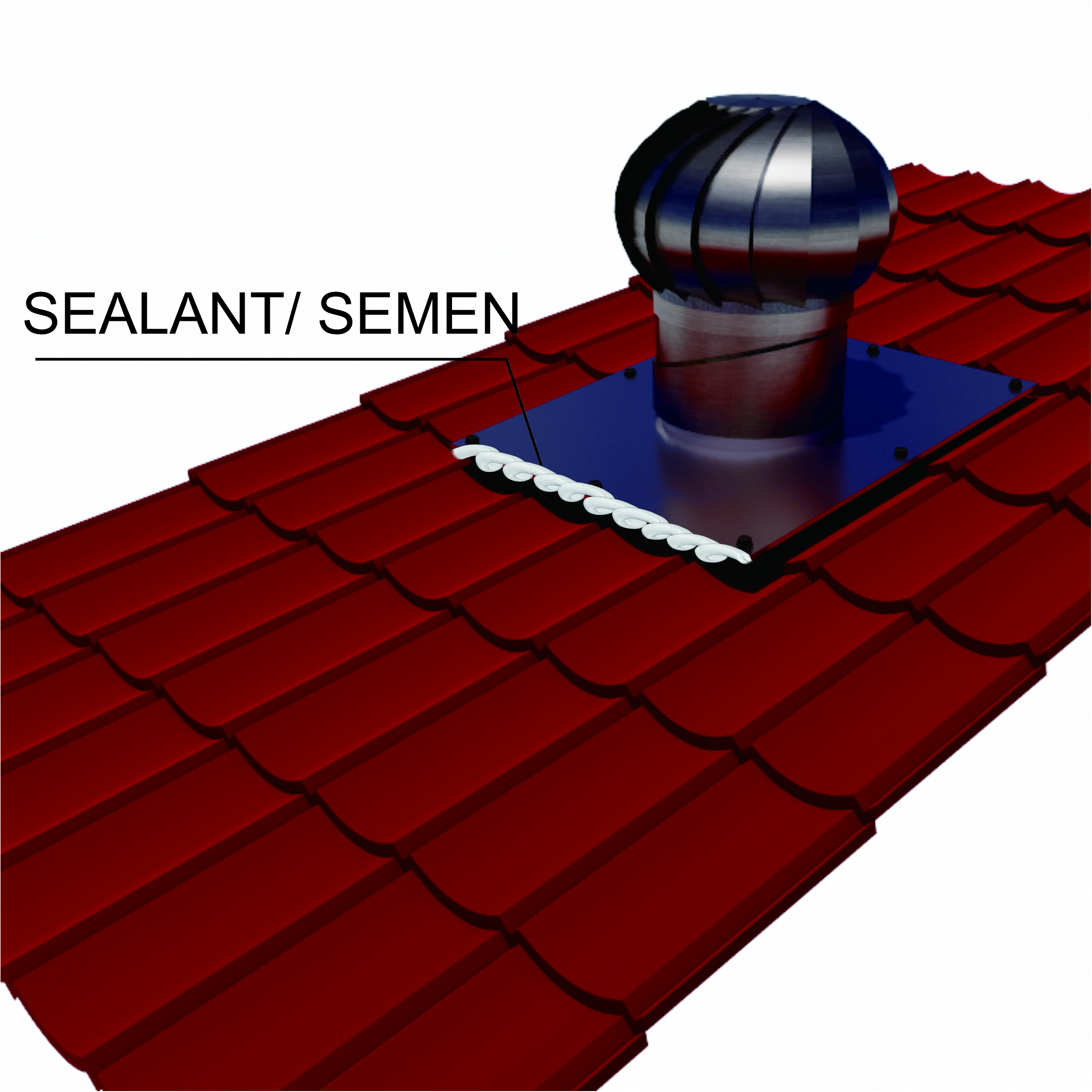 Aplikasikan sealant silikon secara merata pada seluruh sambungan dan pertemuan  dudukan dengan atap untuk mencegah kebocoran. 