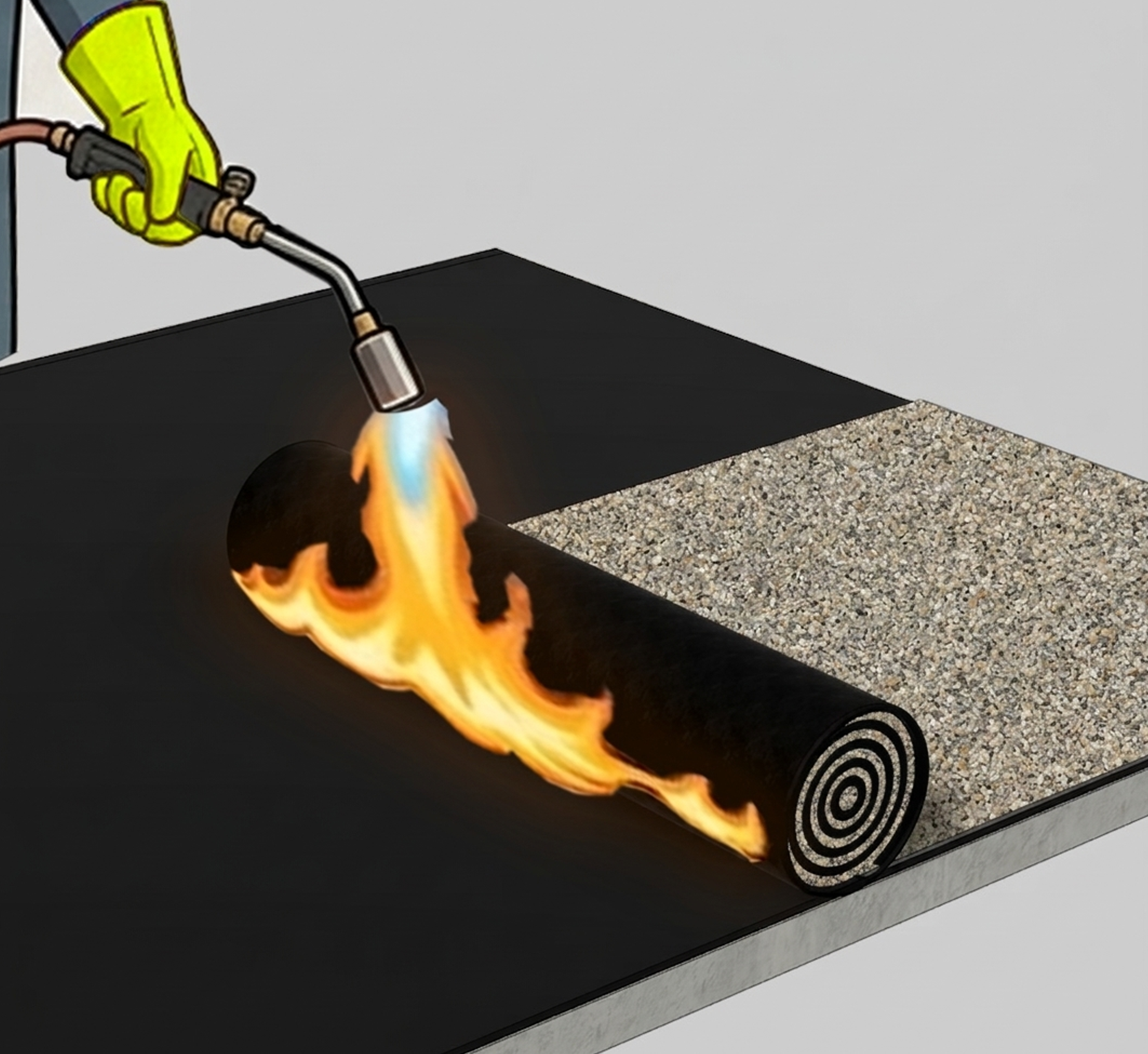 Lay the Casali membrane over the prepared surface. Heat the underside of the membrane with a gas torch while gradually unrolling it. Apply heat evenly to melt the bituminous compound, ensuring proper fusion and strong adhesion to the primed substrate.