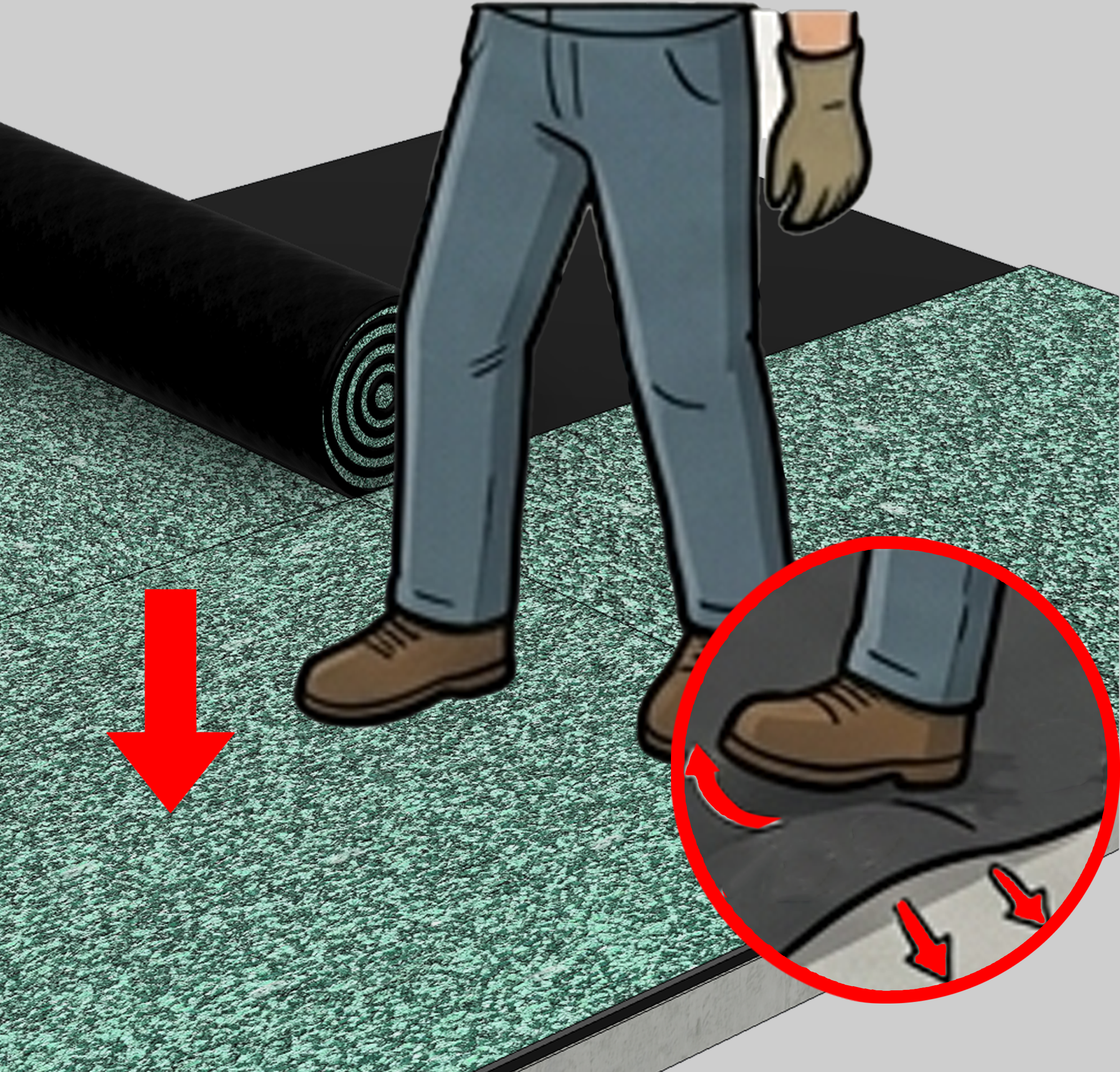 Press the installed membrane using foot pressure or a roller to ensure full contact with the substrate and to eliminate trapped air or bubbles.