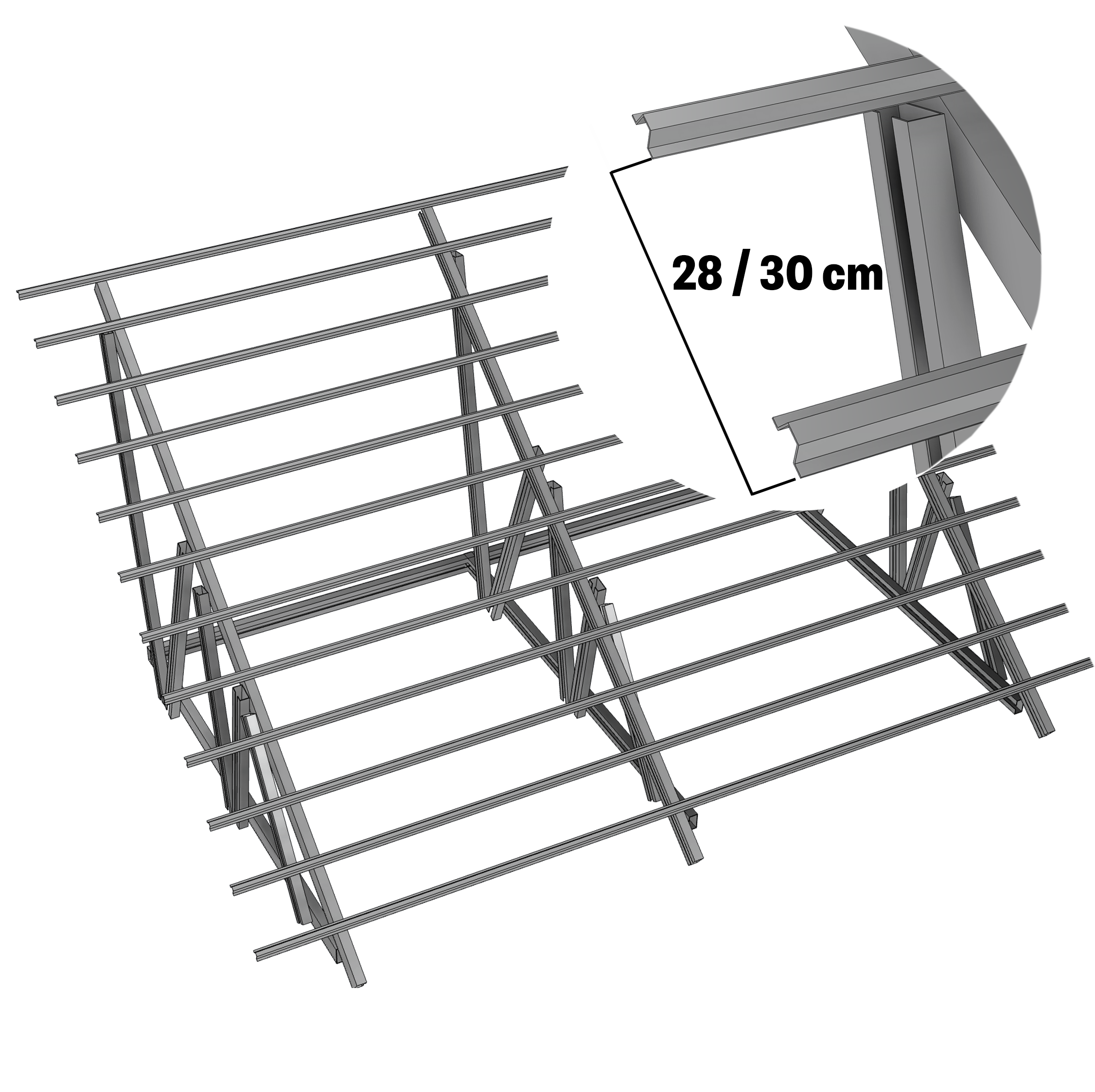 Pasang reng secara horizontal mengikuti rangka atap dengan jarak 28 cm (Flatz Pro) atau 30 cm (Flatz Eco). Pastikan posisi lurus, rata, dan presisi agar atap terpasang kuat dan rapi.