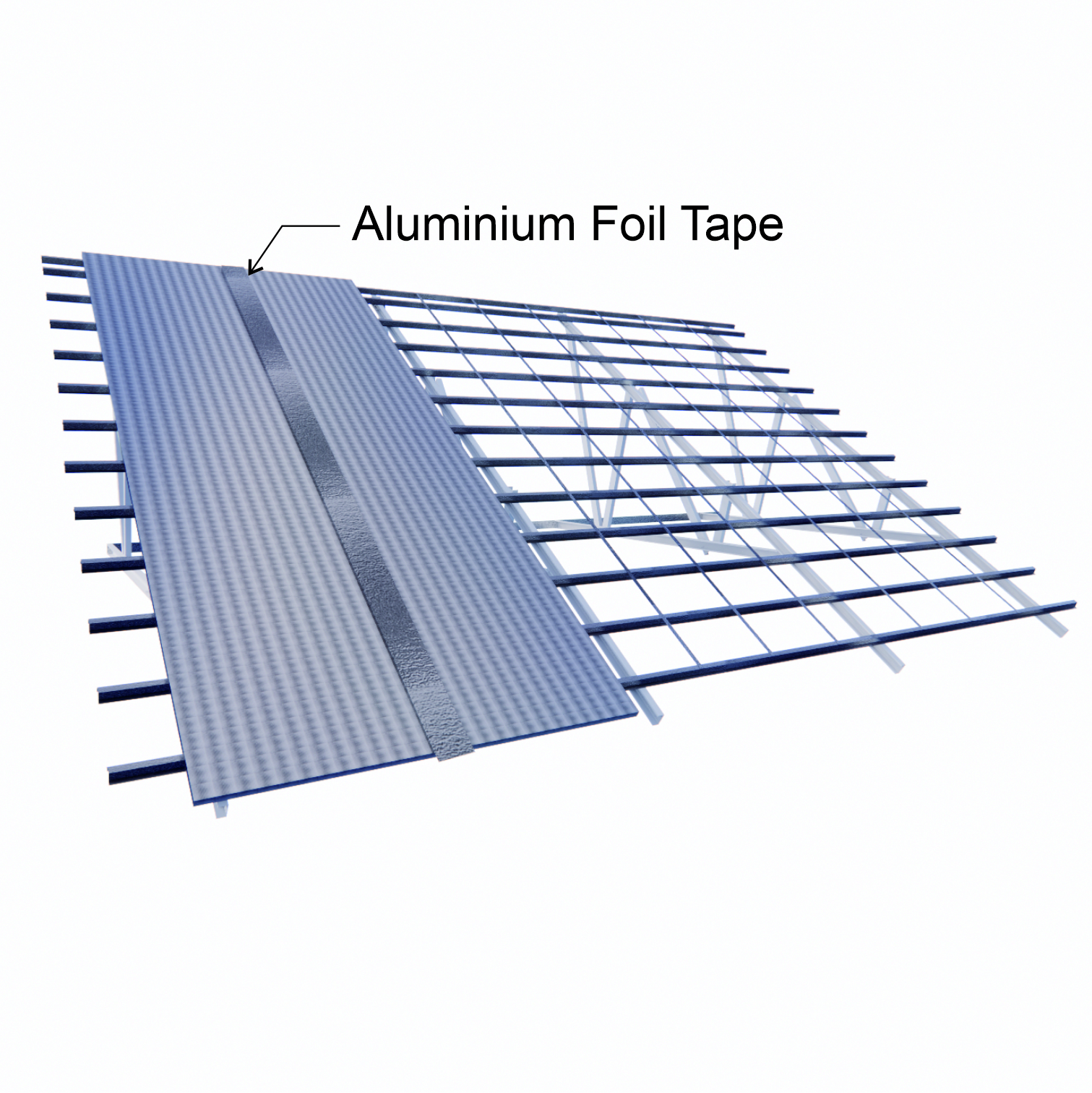 Tutup area sambungan menggunakan aluminium tape untuk memastikan perlindungan yang optimal. Pastikan seluruh permukaan Polynum terpasang rata dan rapi sebelum melanjutkan ke tahap berikutnya.