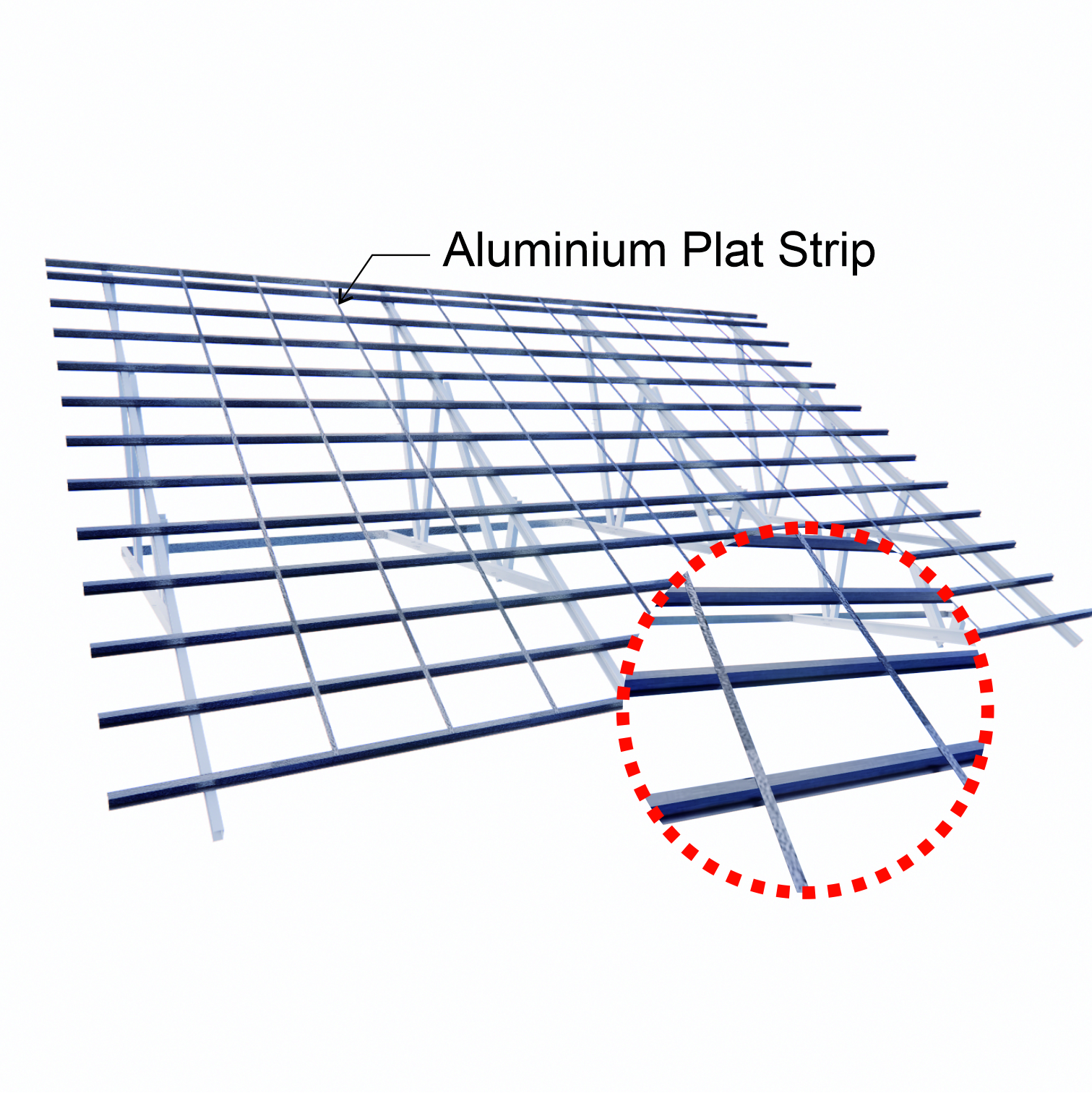 Pasang dan rentangkan plat strip aluminium (lebar 3–4 cm) secara sejajar dengan jarak antar plat strip 40 cm. Fungsi plat ini sebagai penopang agar insulasi Polyshield tetap kencang (tidak melandai) dan rapi. Pastikan plat ditarik kuat sebelum dikencangkan dengan cordless drill.