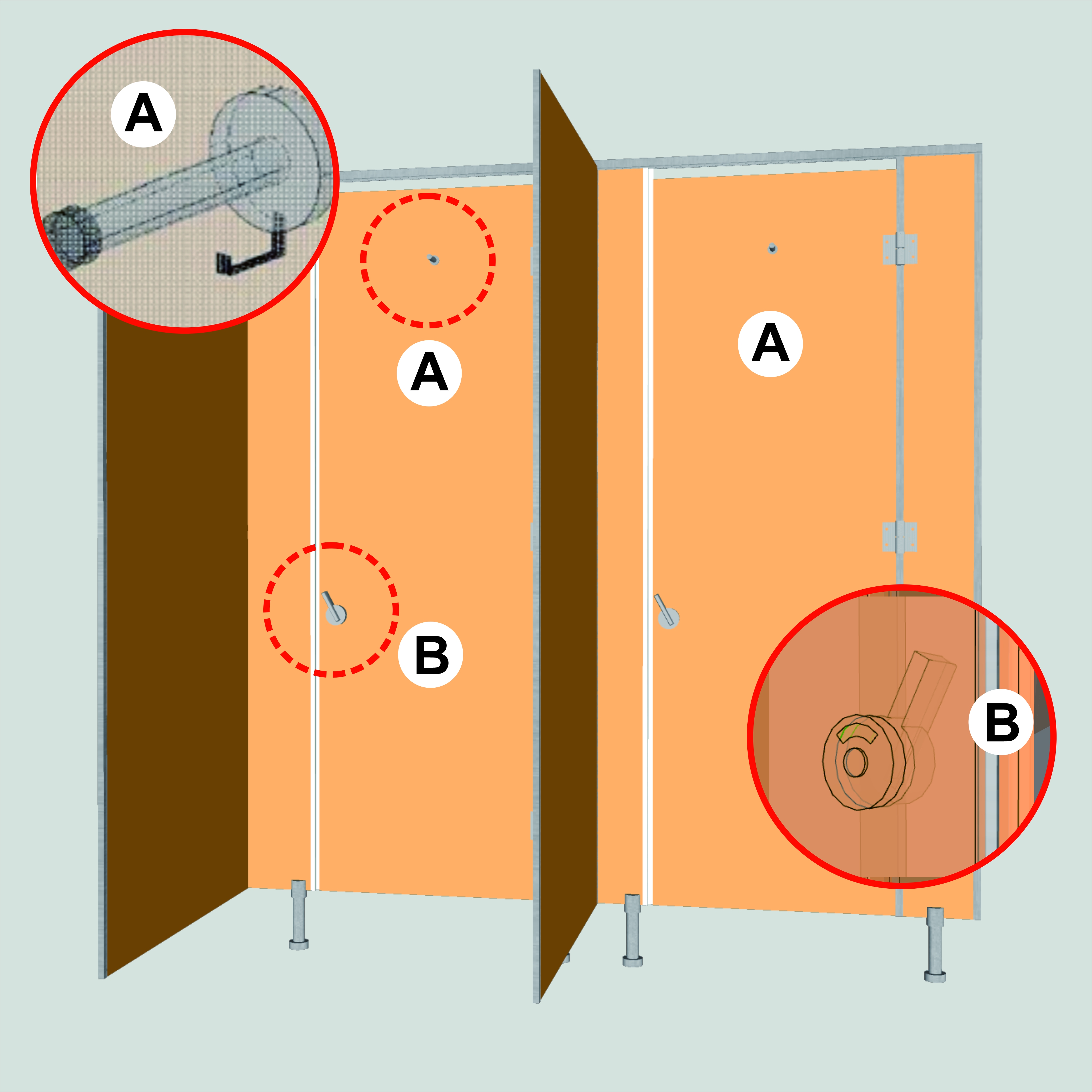 A. Pasang coat hook pada bagian dalam pintu serta door latch atau kait indikator pada panel pintu sesuai posisi yang telah ditentukan, kemudian kencangkan seluruhnya menggunakan sekrup hingga terpasang kuat dan rapi.