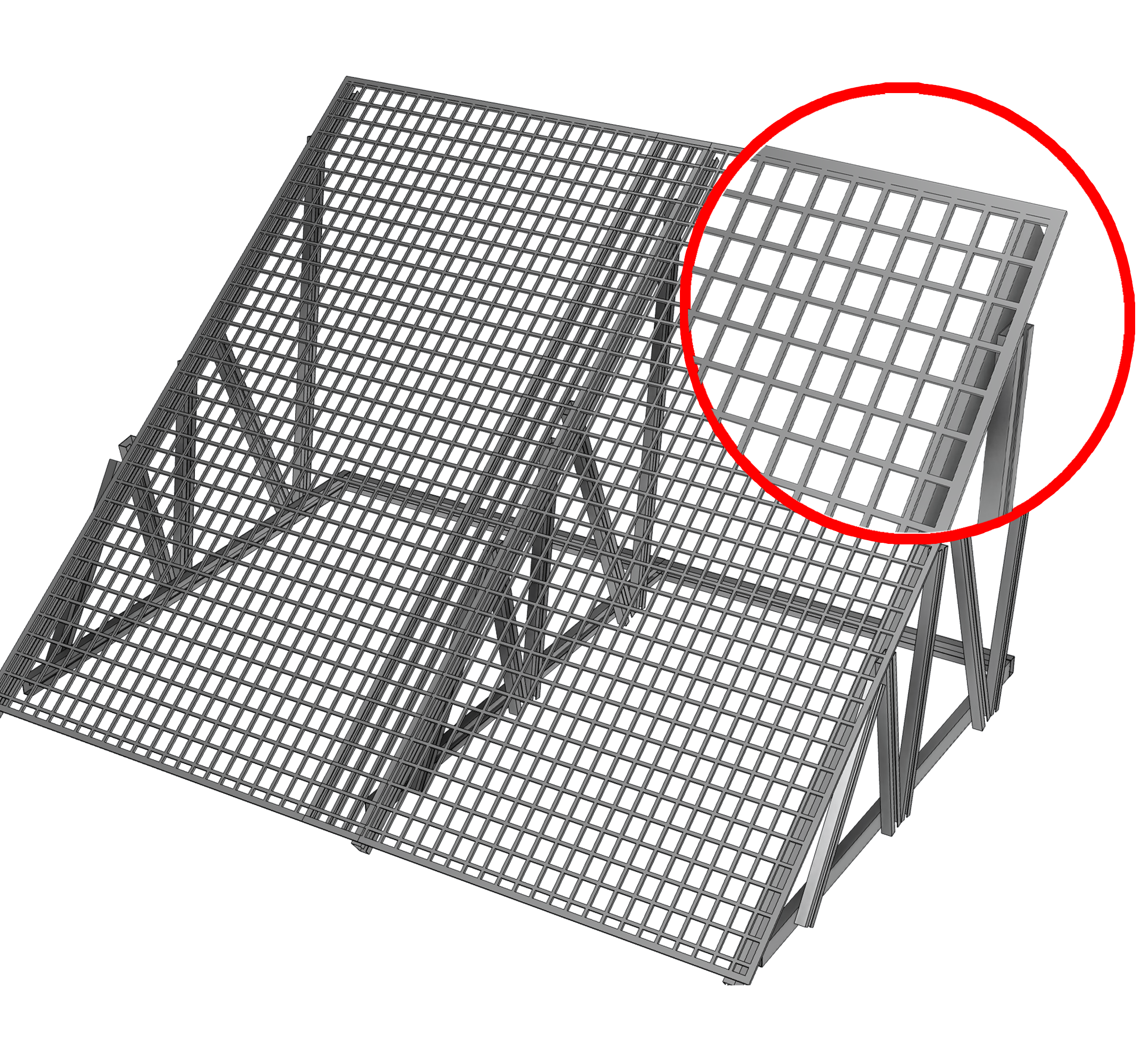 Lay the roof mesh over the purlins. This wire mesh functions as a support to prevent the Duorock insulation from sagging. Secure it using screws at every purlin intersection point.