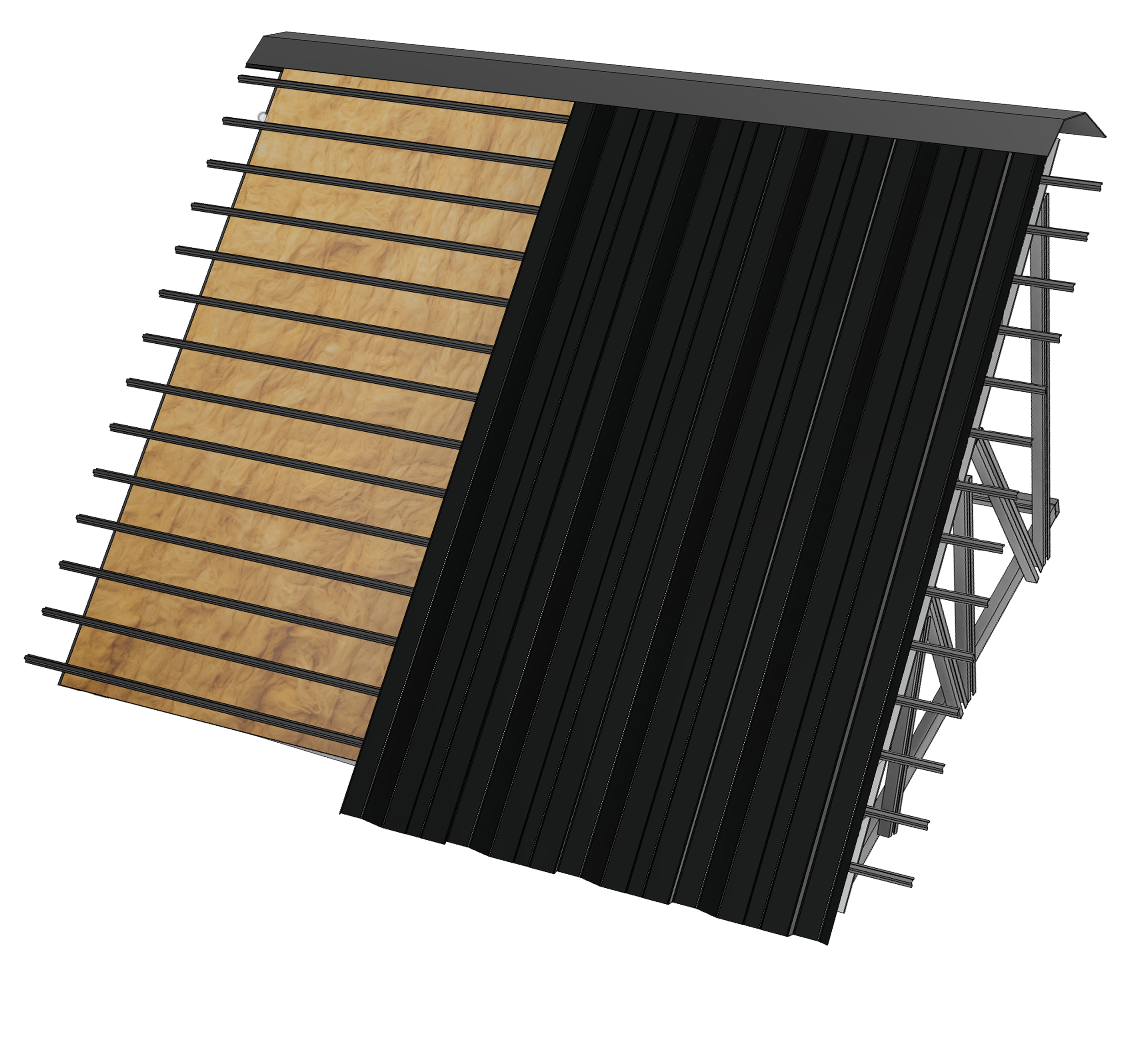 Install spandek or metal roofing sheets on top of the battens. Use SDS (Self-Drilling Screws) with sufficient length beyond standard requirements to ensure the roofing sheets are firmly and securely fastened.