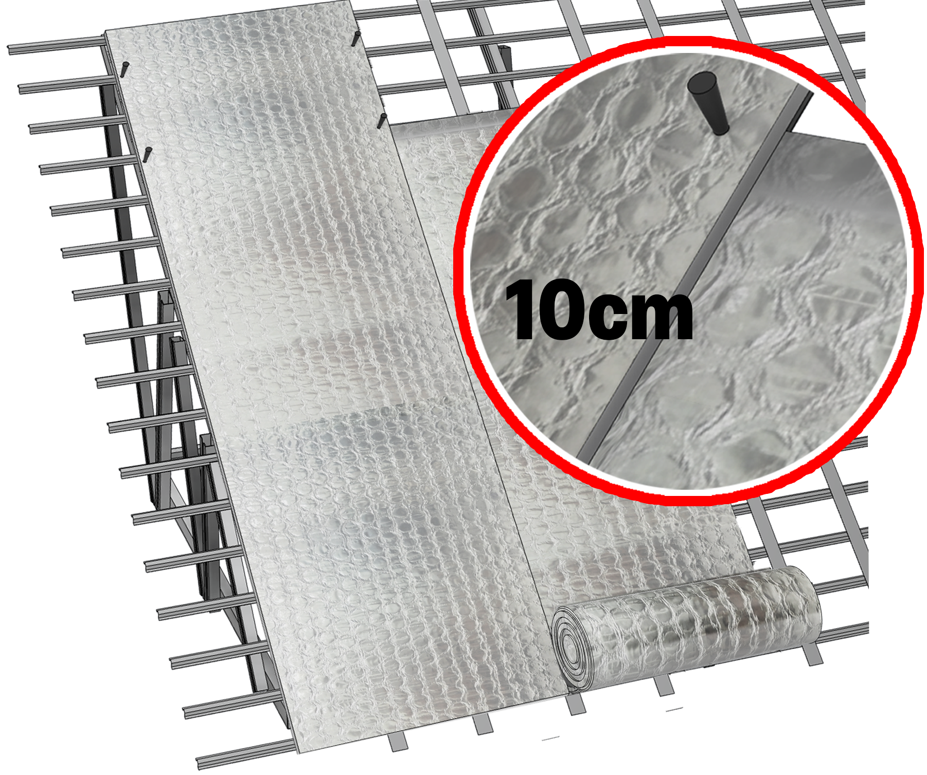 Install the next sheet beside the first with a minimum overlap of 10 cm.