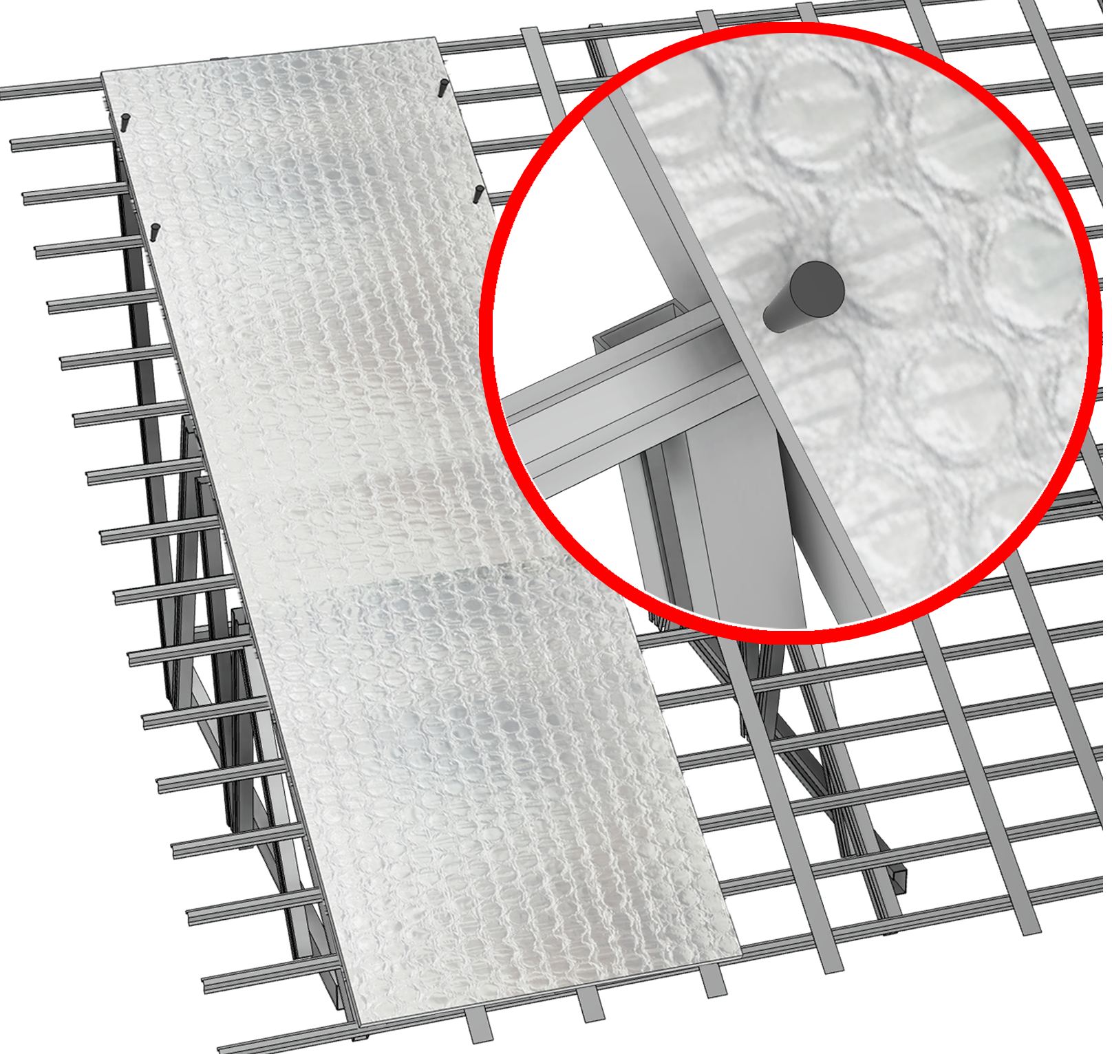 Secure the edge of the first sheet using screws or roofing nails to prevent movement during installation. Pull the sheet tight to avoid sagging, then secure the center area.
