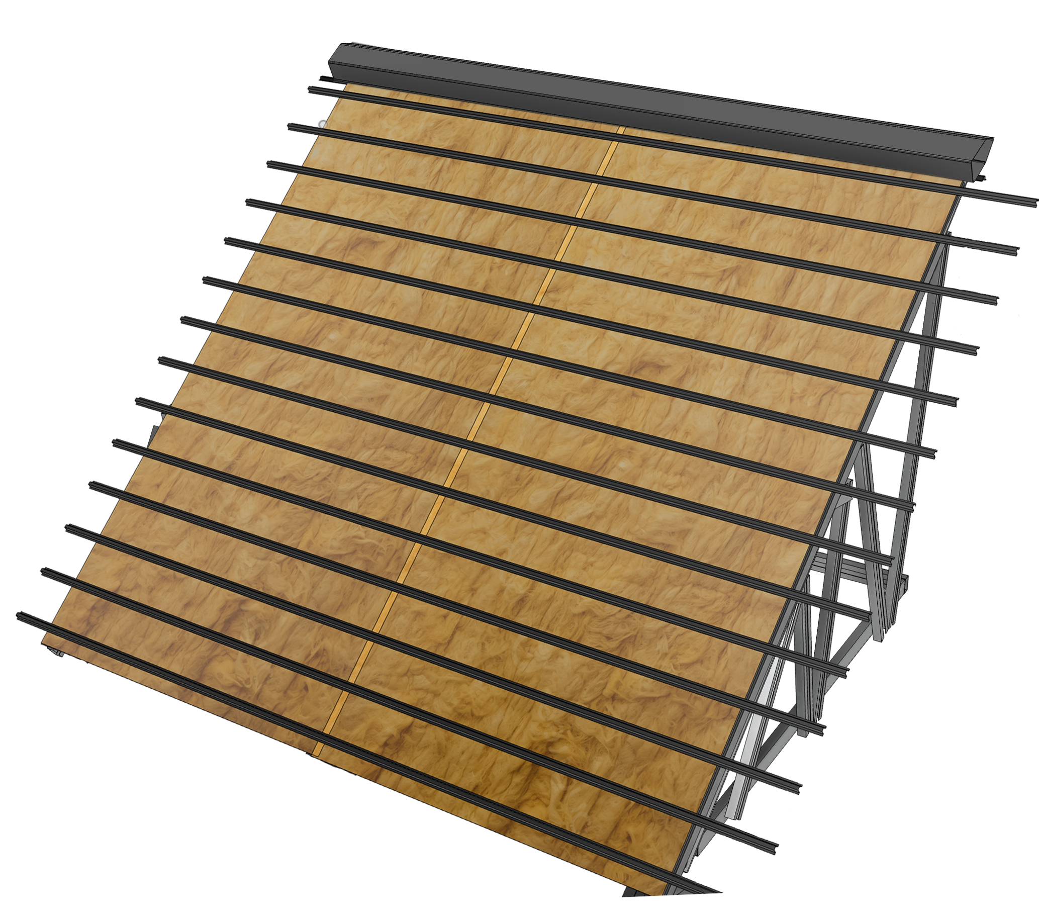 Once the insulation is properly installed, install the battens or roof framing according to the design plan, then secure them using screws.