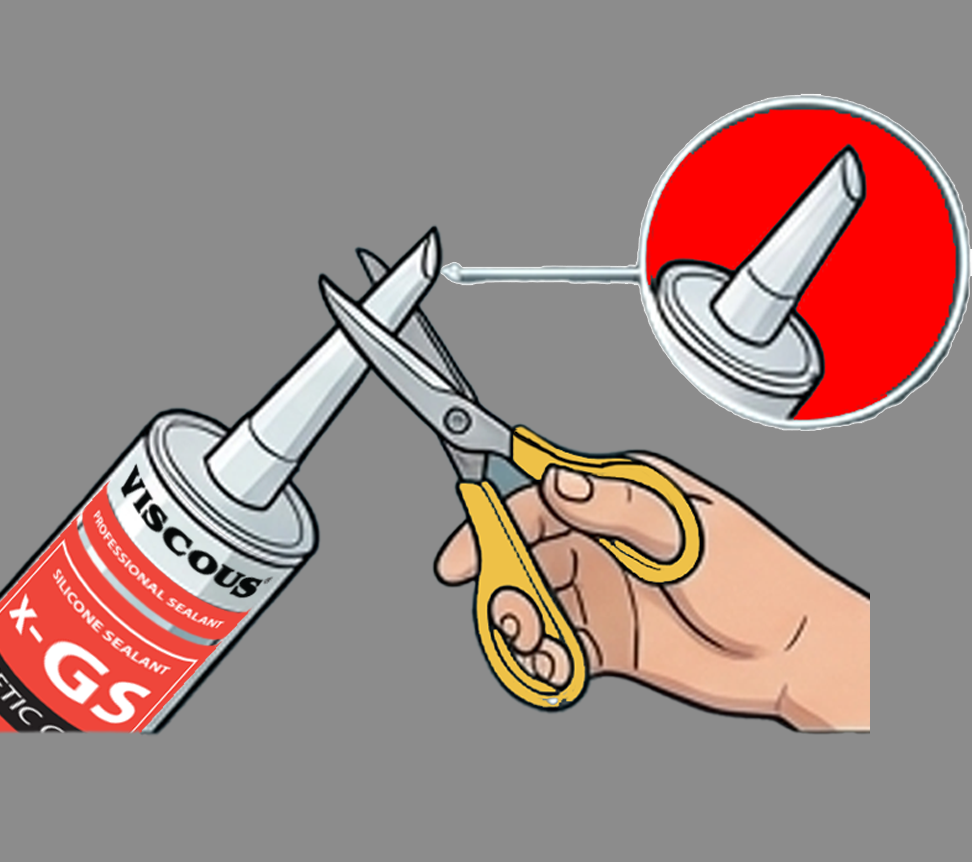 Cut the nozzle tip at an angle of approximately 45°. Attach the nozzle to the cartridge, then load it into the caulking gun.