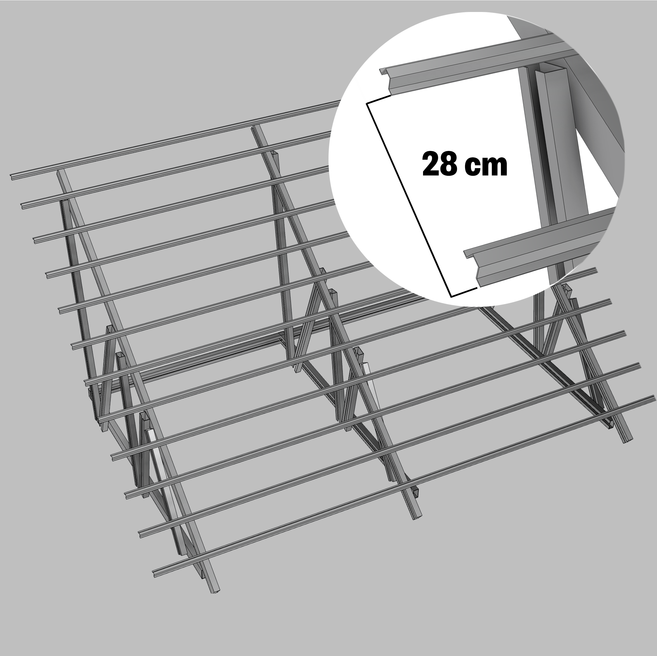 Pasang reng secara horizontal mengikuti rangka atap dengan jarak 28 cm. Pastikan posisi lurus, rata, dan presisi agar panel terpasang kuat dan rapi.