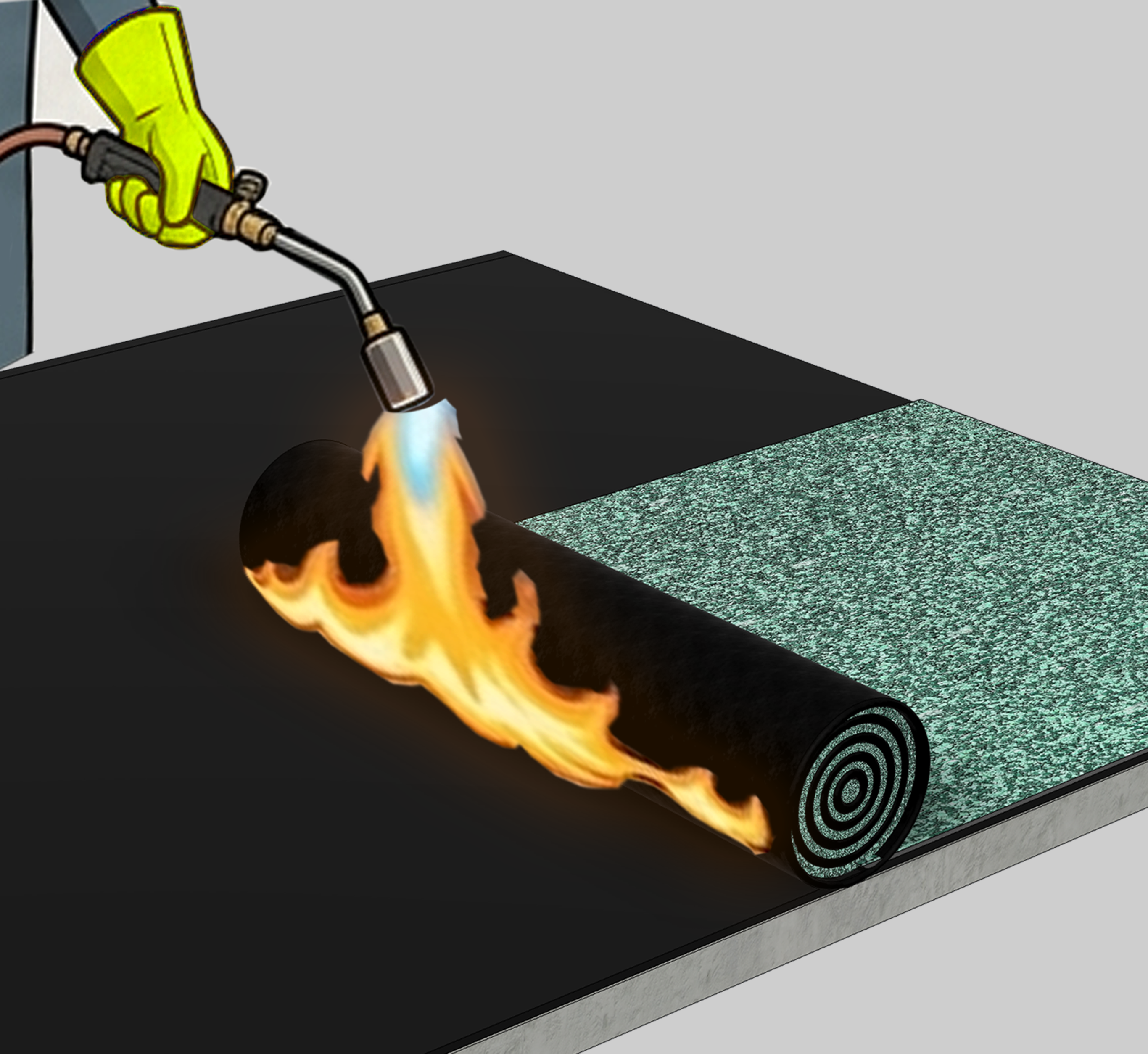 Lay the Wisproof membrane over the prepared surface. Heat the underside of the membrane with a gas torch while gradually unrolling it. Apply heat evenly to melt the bituminous compound, ensuring proper fusion and strong adhesion to the primed substrate.